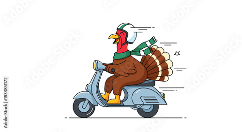 Humorous cartoon turkey wearing a green and white scarf and matching helmet while riding a light blue motor scooter at a high speed.