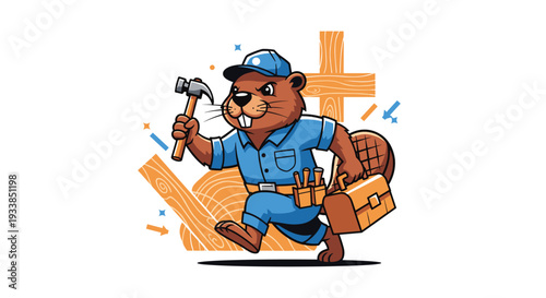 Determined cartoon beaver character dressed in a blue handyman outfit carrying a hammer and a toolbox while running past wooden planks.