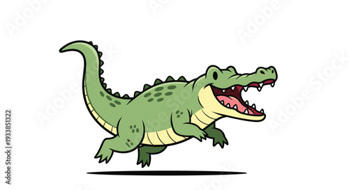 Lively cartoon crocodile running happily with its mouth open showing teeth against a plain white background in a simple vector art style.