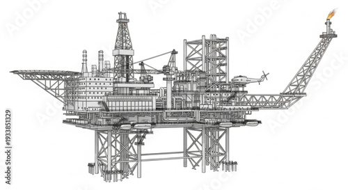 Detailed illustration of an offshore oil rig platform.