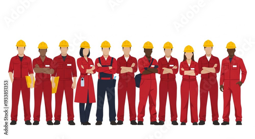 Diverse construction workers team standing together in uniform.