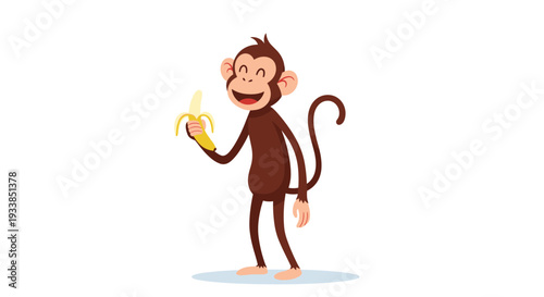Cheerful brown monkey character standing and happily holding a partially peeled yellow banana against a simple white background illustration.