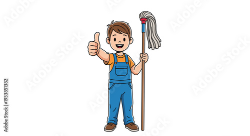 Friendly young boy in blue overalls giving a thumbs up while holding a long mop for cleaning tasks against a white background illustration.