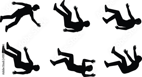 Falling man silhouettes sdesignFalling man silhouettes set, accident slip and fall poses flat vector illustration isolated safety concept design