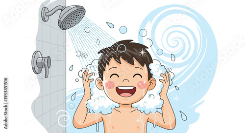 Happy young boy with soap suds on his head enjoying a warm shower under a showerhead with water spray and blue swirl background.