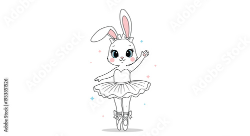 Adorable white rabbit character dressed as a ballerina in a tutu and pointe shoes waving its hand against a white background.