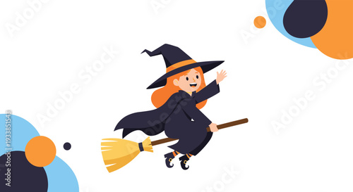 Cheerful young witch with orange hair wearing a black hat and cloak flying on a wooden broomstick against a white background with circles.