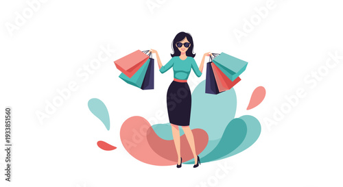 Stylish young woman wearing sunglasses and a smart outfit holding several colorful shopping bags against a decorative abstract background.
