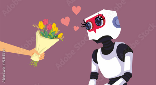 Man Loving a Chat bot Girlfriend Ai Concept Vector Illustration. Virtual relationship with an artificial intelligence chatbot partner graphic 
