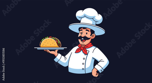 Friendly chef character with a mustache wearing a white hat and red scarf holding a delicious taco on a plate against a dark background.