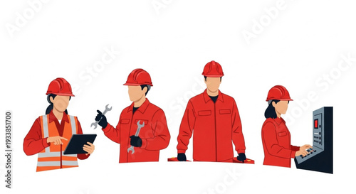Diverse group of industrial workers in red uniforms and hard hats.