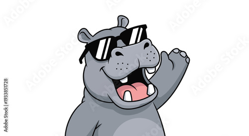 Cool cartoon hippopotamus wearing dark sunglasses and waving its hand while displaying a wide and friendly toothy grin.
