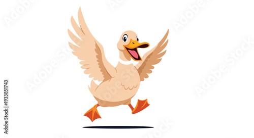 Enthusiastic white duck running forward with its wings spread wide and a very happy and excited expression on its face.