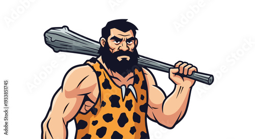 Muscular prehistoric caveman wearing leopard print clothing and carrying a massive primitive club over his strong shoulder.