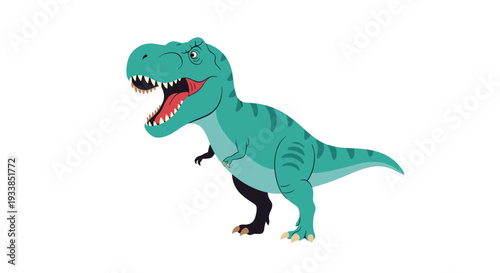 Powerful green Tyrannosaurus Rex dinosaur roaring loudly with its mouth wide open showing sharp teeth in a pre-historic scene.