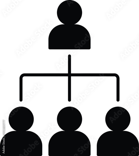 Black silhouette of a team hierarchy icon featuring a leader and three subordinates in a corporate organizational structure chart for business management