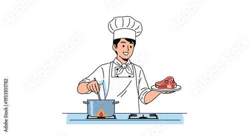 Professional young male chef in a traditional white uniform cooking a meal in a pot while presenting a raw steak on a plate.