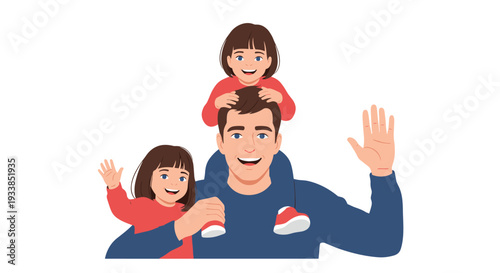 Loving father giving his two young daughters a playful shoulder ride while everyone waves happily with bright smiles.