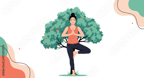 Peaceful woman practicing the yoga tree pose for mindfulness and balance in front of a lush green tree in a serene park.
