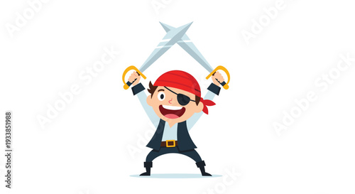 Courageous young pirate boy wearing a red bandana and eyepatch while triumphantly holding two crossed swords in the air.