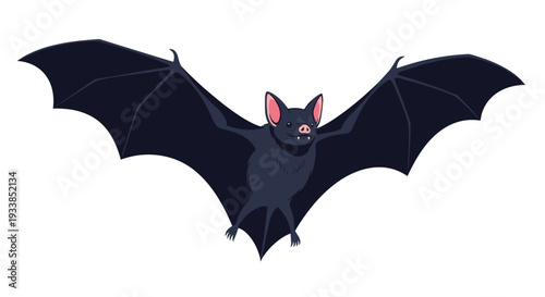 Spooky cartoon bat with its large dark wings spread wide flying through the night sky with a friendly yet mysterious look.
