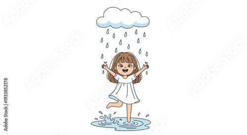 Happy little girl dancing and jumping for joy in the rain under a single fluffy cloud while splashing in water puddles.