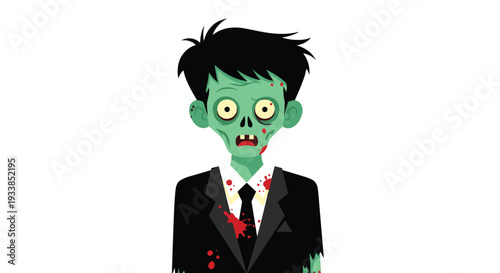Scary cartoon zombie character wearing a tattered black business suit with red blood stains and an empty facial expression.