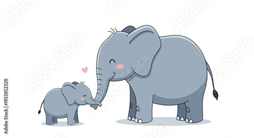 Adorable mother elephant and her baby touching trunks with a small pink heart between them on white background.