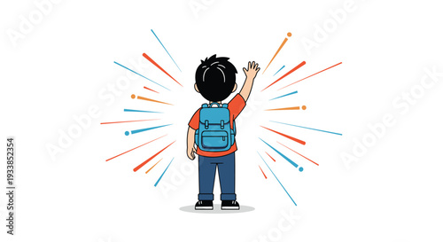 Young boy from back view wearing a blue backpack and waving his hand towards colorful abstract lines on white.