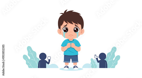 Sad little boy character with large eyes crying with tears on his face while silhouettes watch in the background.