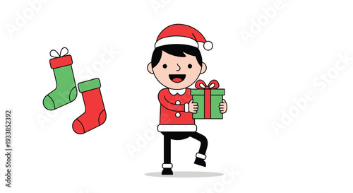 Happy boy dressed in a red Santa Claus costume holding a green gift box next to Christmas socks on white.