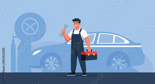 Professional car mechanic character in a uniform holding a wrench and a toolbox in front of a blue car silhouette.