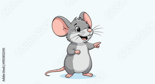 Friendly gray mouse character with large ears and a long tail pointing towards something on a light blue background.