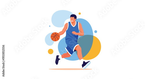 Professional basketball player character in a blue uniform dribbling a ball against a colorful abstract background.