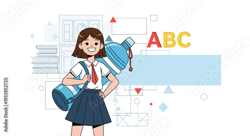 Smiling schoolgirl character in a uniform carrying a backpack and a giant blue water bottle on abstract background.