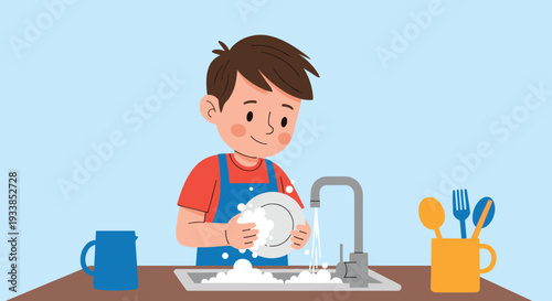Diligent young boy character wearing a blue apron and washing dishes with bubbles in a kitchen sink on blue.