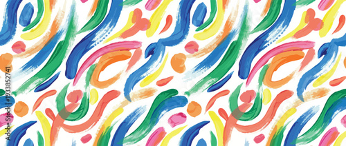 Multi colored squiggles with circles seamless pattern. Brush drawn bold curved lines, waves and swirls. Abstract geometric colorful background with organic bold lines. Childish doodles and scribbles.