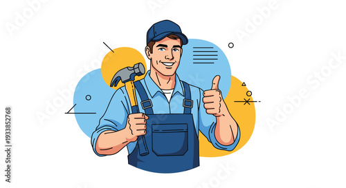 Happy handyman character wearing blue overalls and a cap holding a hammer and giving a thumbs up on white.
