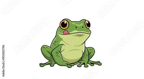 Cute green frog with large expressive eyes sitting calmly and licking its mouth with a small pink tongue in a simple style.