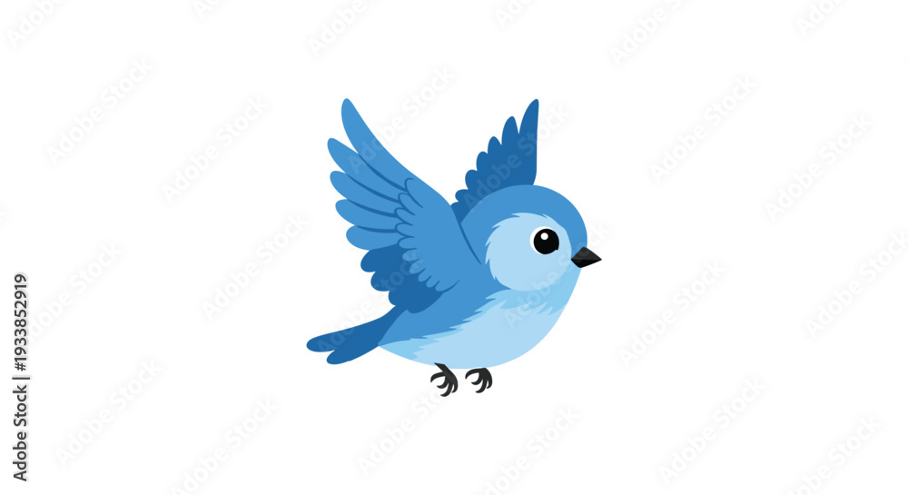 Fototapeta premium Small blue bird with soft wings and big eyes flies gracefully through the air in a simple and charming cartoon style.
