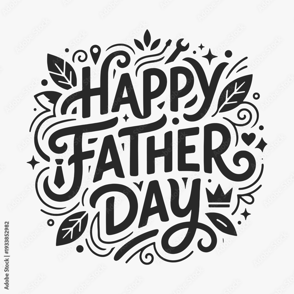 Naklejka premium Vibrant hand-drawn Happy Father's Day lettering with decorative elements.