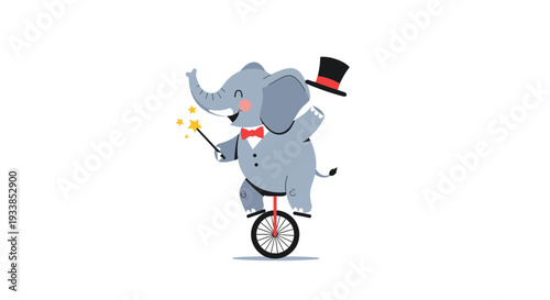 Talented circus elephant wearing a bowtie and hat performs a balancing act on a unicycle while holding a magic star wand.
