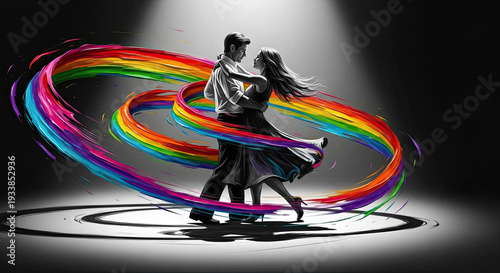 Couple dancing passionately under spotlight with colorful swirls  