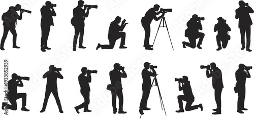Silhouettes of photographers using cameras in various poses and positions on a white background kneeling
