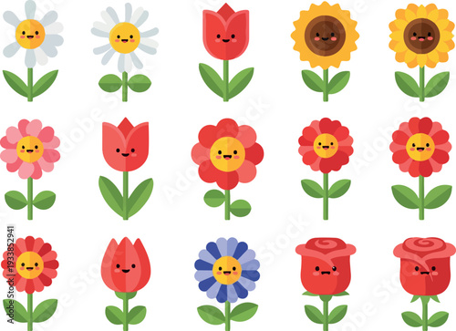 A colorful grid of cartoon flowers with smiling faces arranged neatly on a clean background viewed from directly above