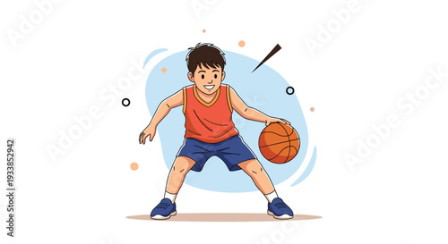 Energetic young boy in a basketball uniform dribbles an orange ball with focus and skill on a stylized court background.