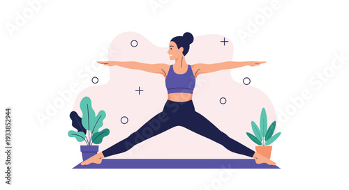 Woman in a purple sports top and black leggings performs a yoga stretching pose in a calm environment with indoor plants.
