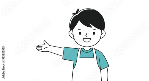 Friendly young boy wearing a white apron gestures with his hand as if presenting or welcoming someone in a simple line art.