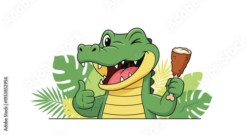 Happy green crocodile winks and gives a thumbs up while holding a cooked chicken drumstick in front of tropical palm leaves.