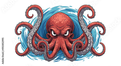 Ferocious giant red octopus with angry eyes and many suction-cupped tentacles rises from turbulent blue ocean waves.
